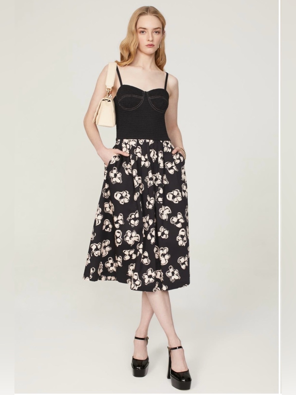 Marina Moscone~Black Floral Bustier Midi Dress w/ Pockets~Size 4~$440~
